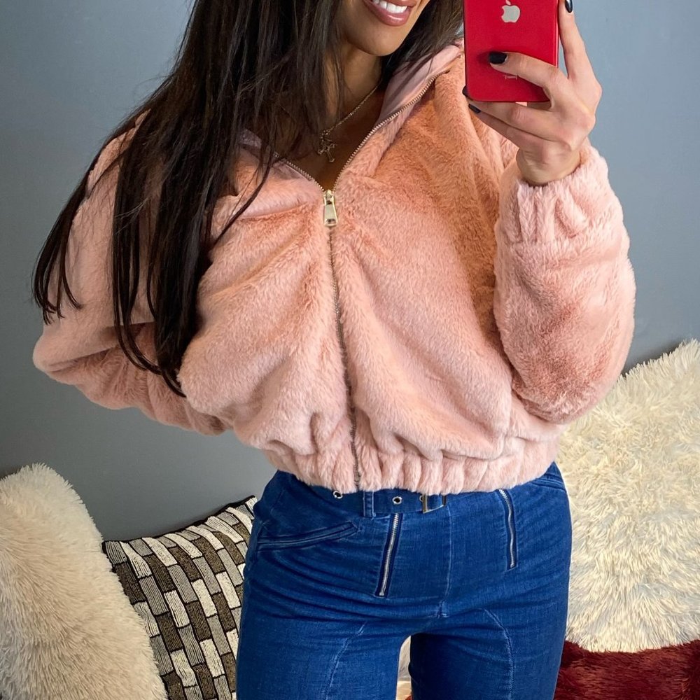 Pink Hooded Faux Fur Jacket